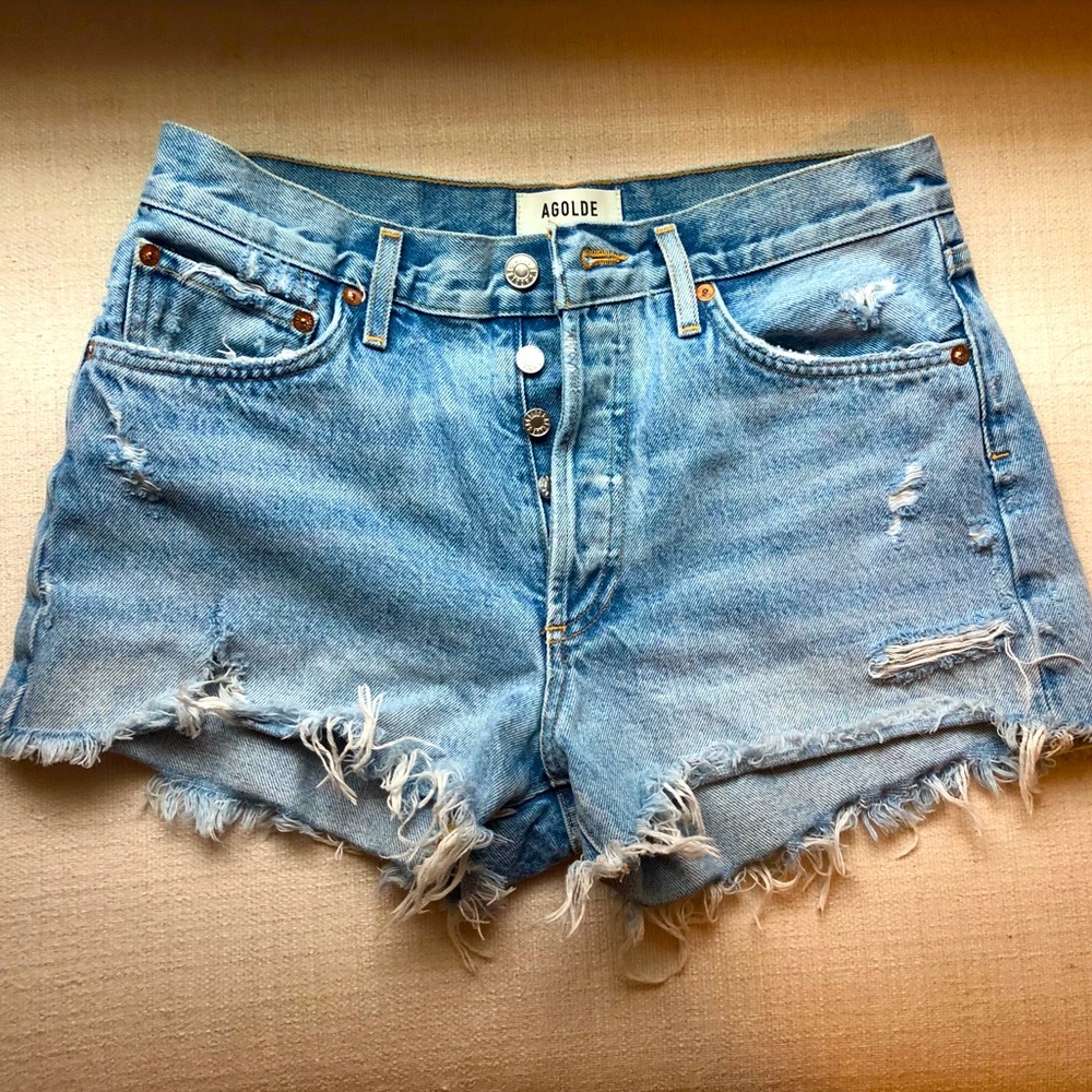 Agolde Light Blue Distressed Jean Shorts